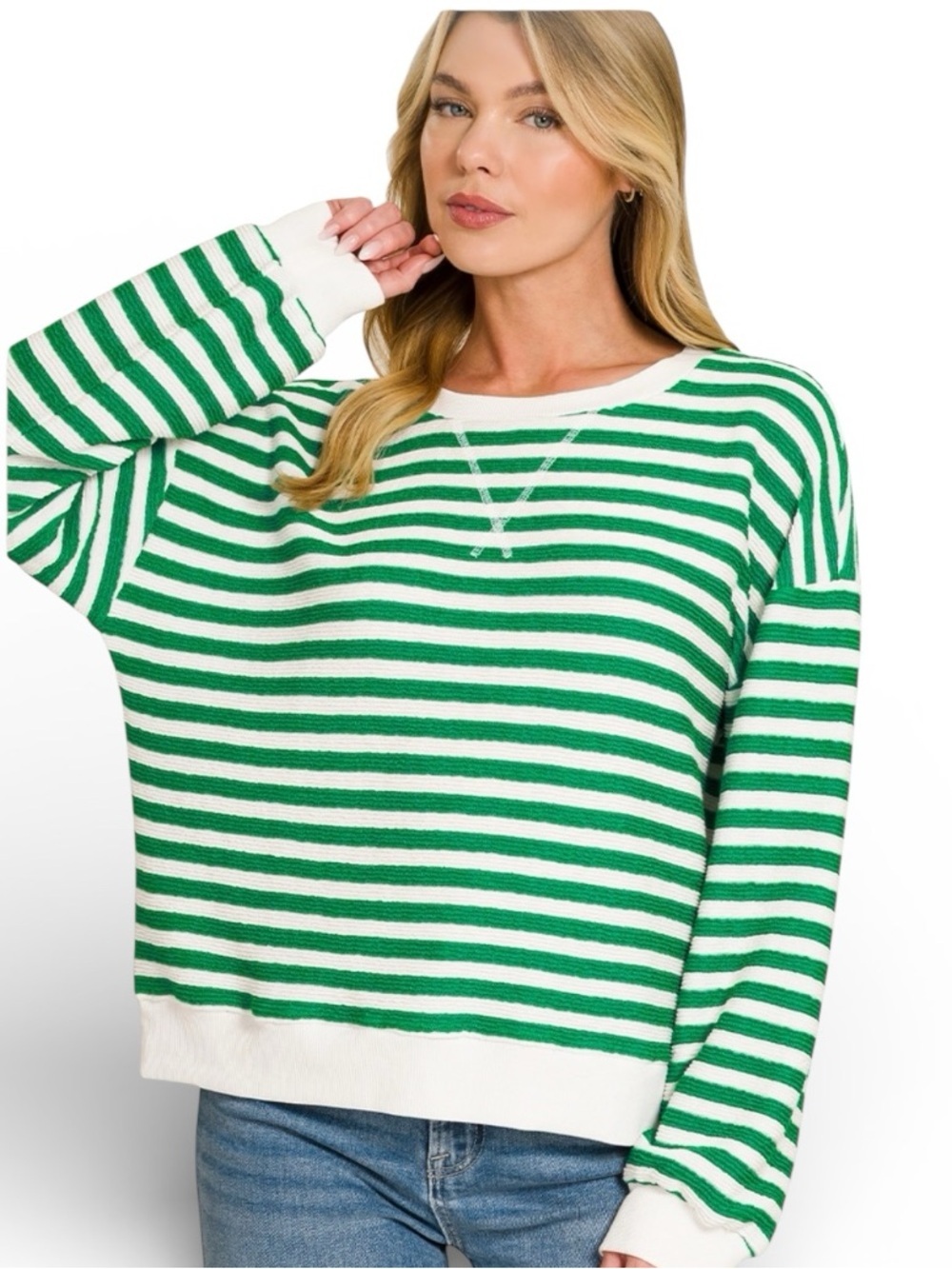 Striped Green and White Crewneck Women's Light Weight Sweater